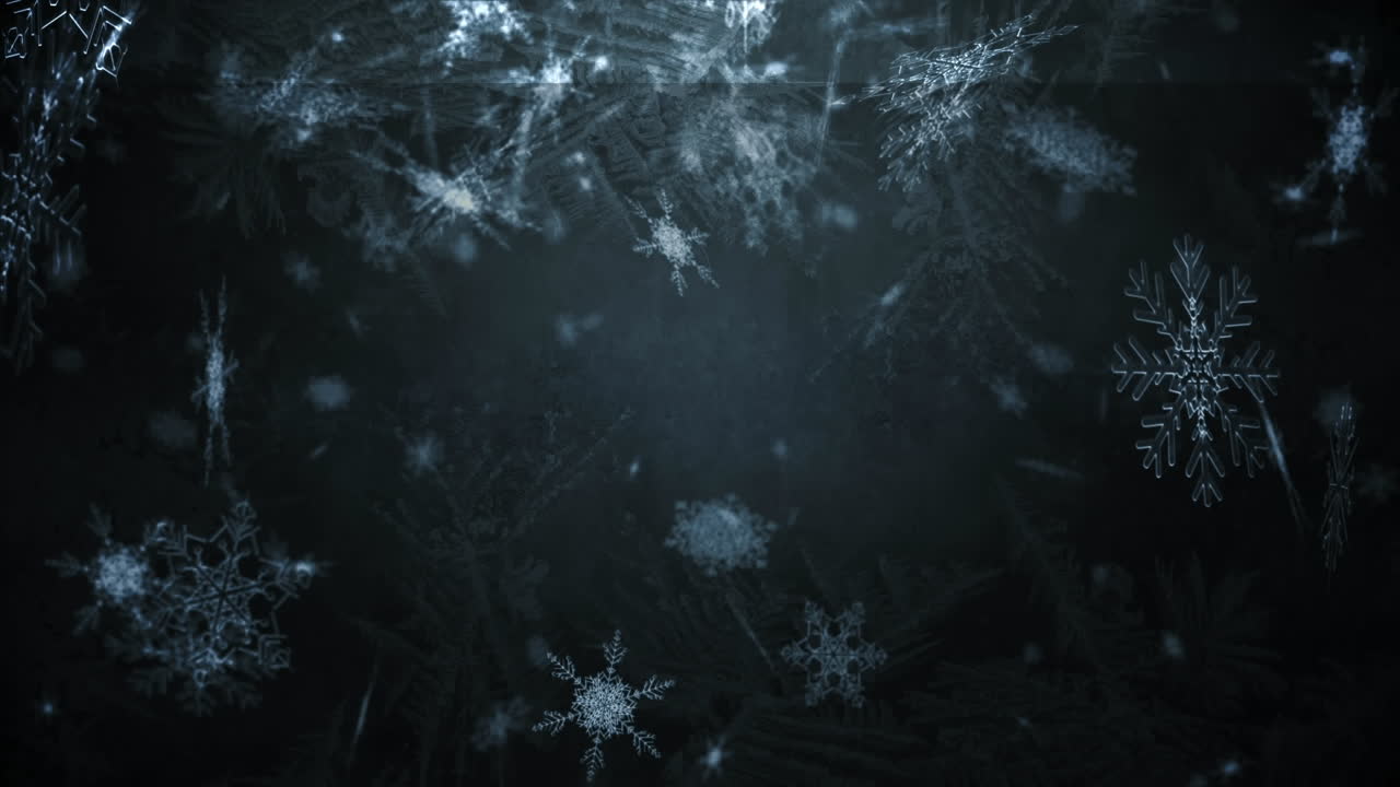 animazione della neve di natale che cade sulle decorazioni di natale su sfondo nero