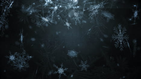 animación de la nieve de navidad cayendo sobre las decoraciones de navidad sobre fondo negro