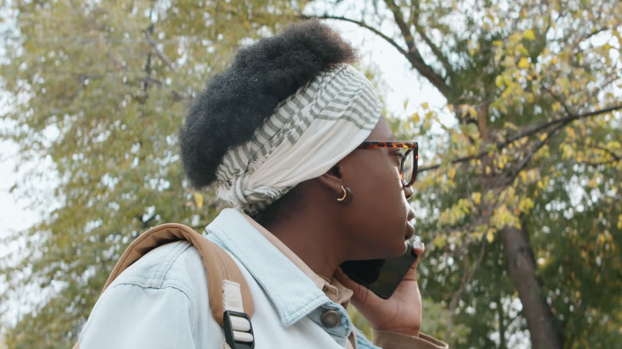 mujer afroamericana caminando en el parque y hablando por teléfono