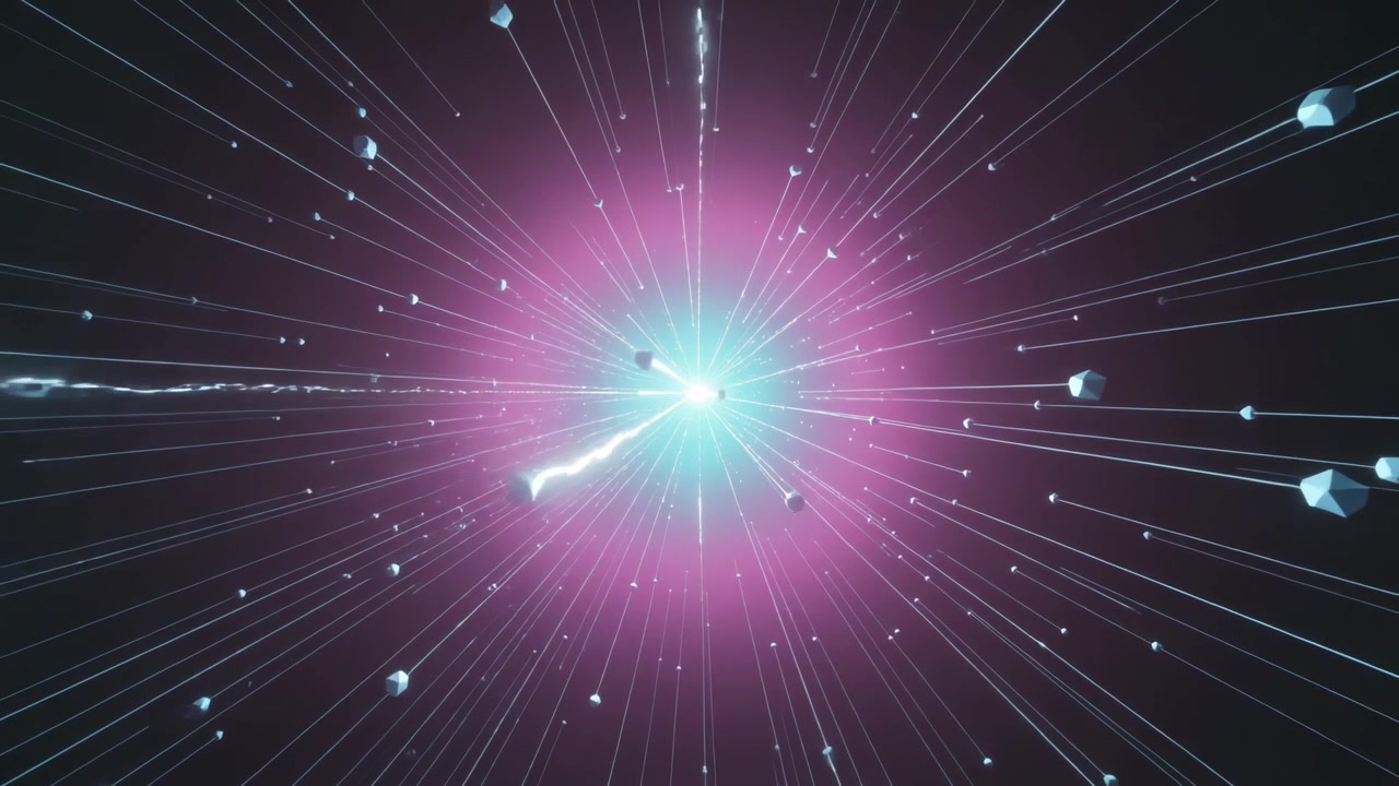 Nucleo pulsante nel vuoto che reagisce come un arco elettrico che arriva dall'alto, emettendo raggi e detriti verso l'esterno.