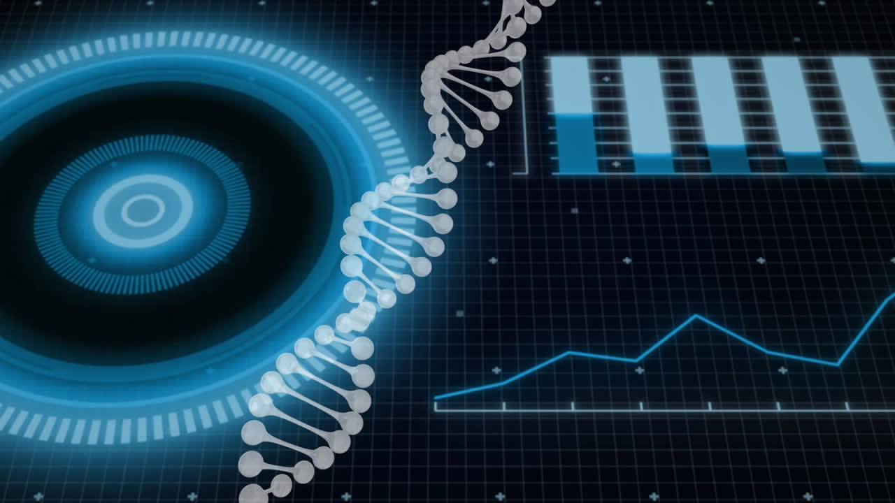 animación de la cadena de adn y procesamiento de datos sobre un fondo negro