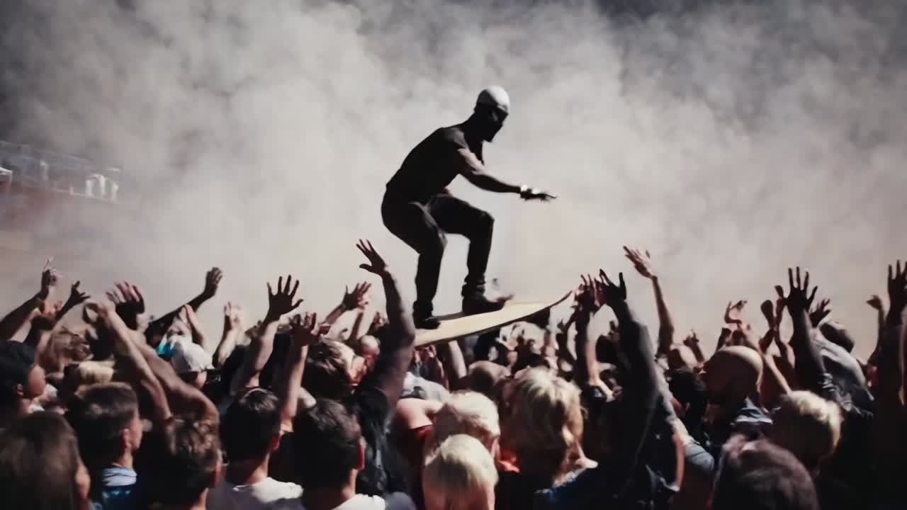 Performer engages with the crowd while crowdsurfing, surrounded by excited fans reaching out, creating a dynamic atmosphere filled with energy and anticipation
