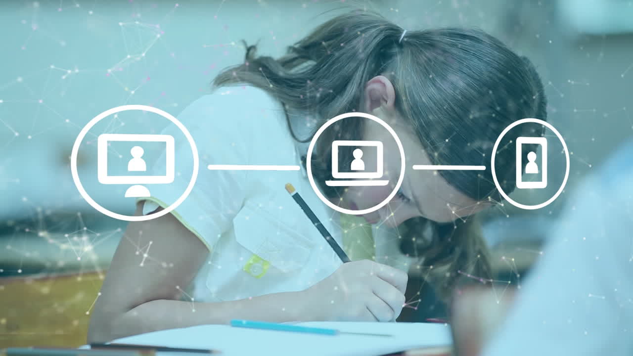 학교 수업에서 공부하는 백인 소녀에 대한 디지털 아이콘 네트워크의 애니메이션