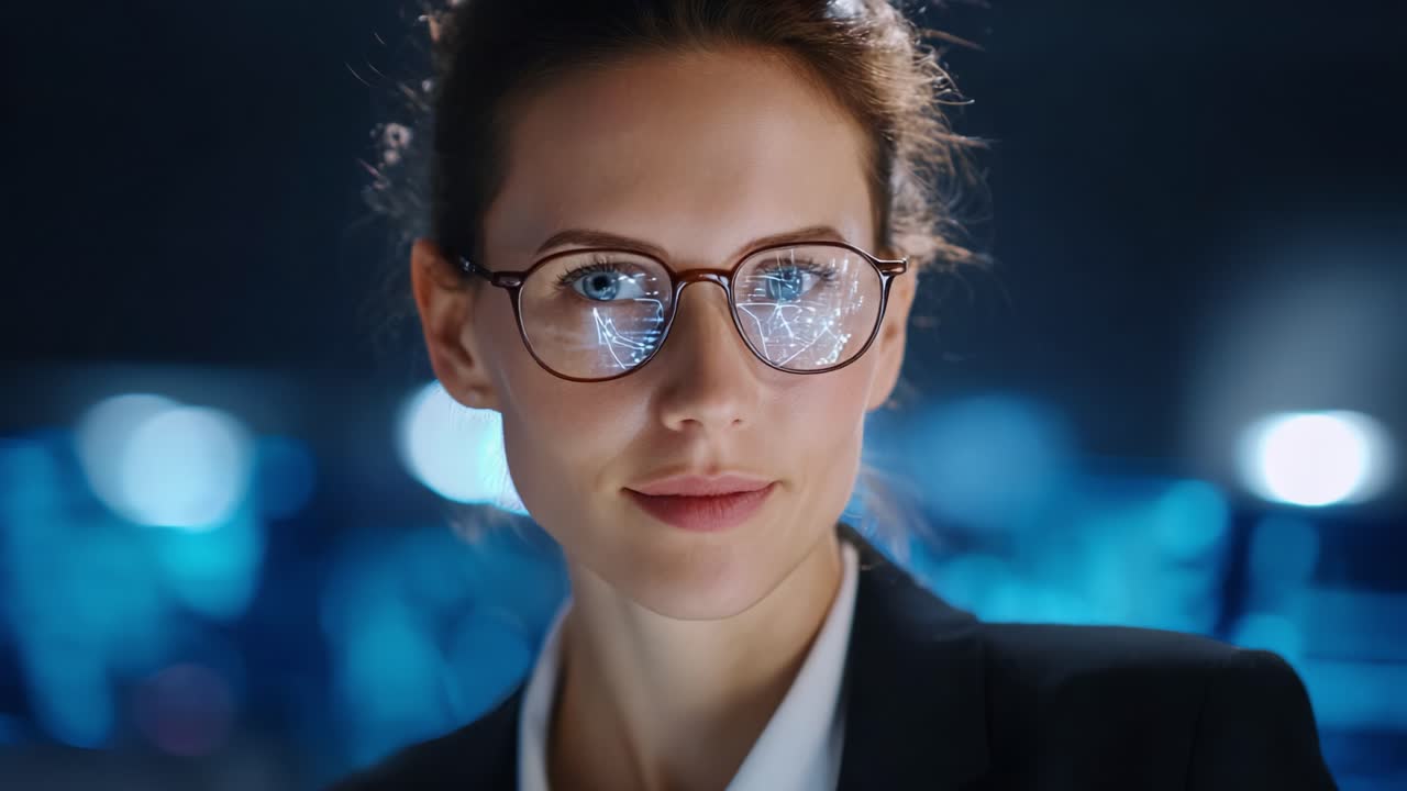 Una donna in carriera sicura di sé con gli occhiali si concentra sul suo lavoro, riflettendo l'analisi dei dati nelle lenti, rappresentando l'innovazione e la tecnologia moderna in un'atmosfera accattivante