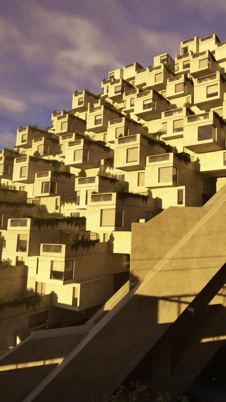 Modern building with stacked design and green elements in a city setting