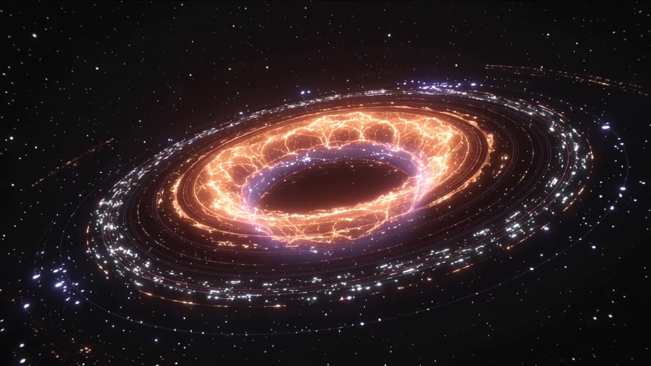 Scarica di plasma che scintilla, un toro arancione intrecciato che ruota nello spazio, mostrando un bordo viola e un disco di particelle.
