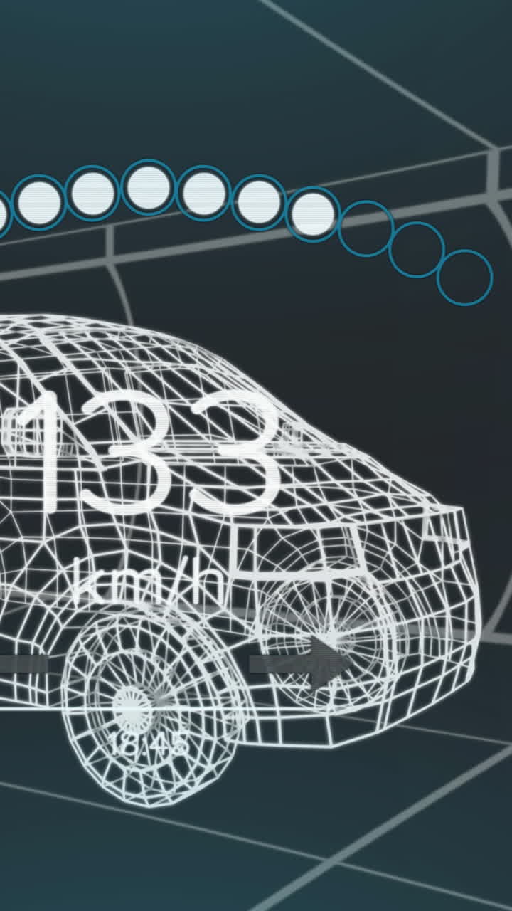 animación del velocímetro, el gps y los datos del estado de carga en la interfaz del vehículo, en un modelo de furgoneta 3d