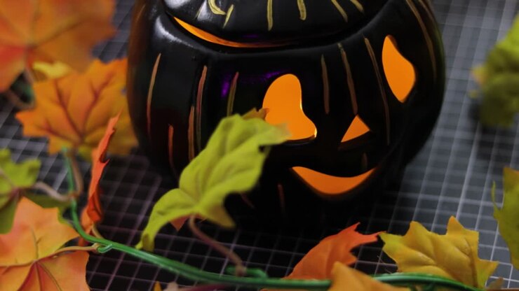 Splendida zucca nera su sfondo arancione come decorazione di Halloween.