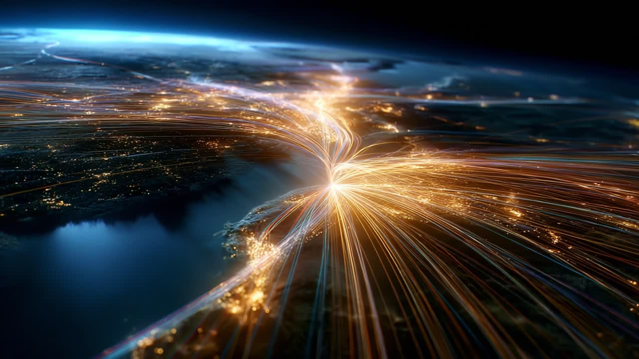 A Stunning Visualization of Global Connectivity: This breathtaking representation captures the intricate network of data and energy flowing across the Earth’s surface, showcasing the vibrant connections that span continents