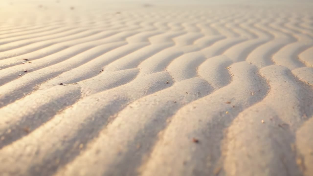 Operator pushing camera forward, showing patterned sand ripples at shoreline, highlighting shells