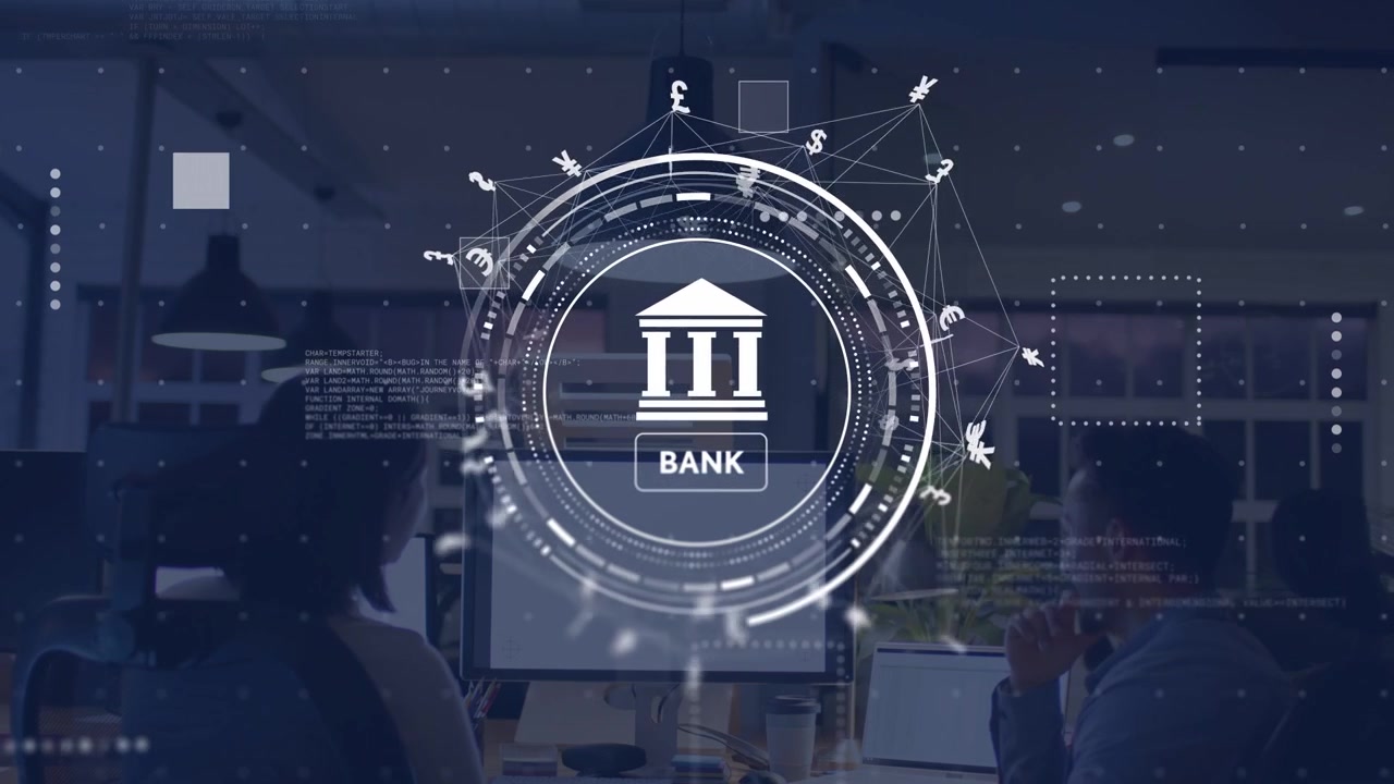 Monitor showing bank HUD appearing rings rotating nodes linking while team testing banking security
