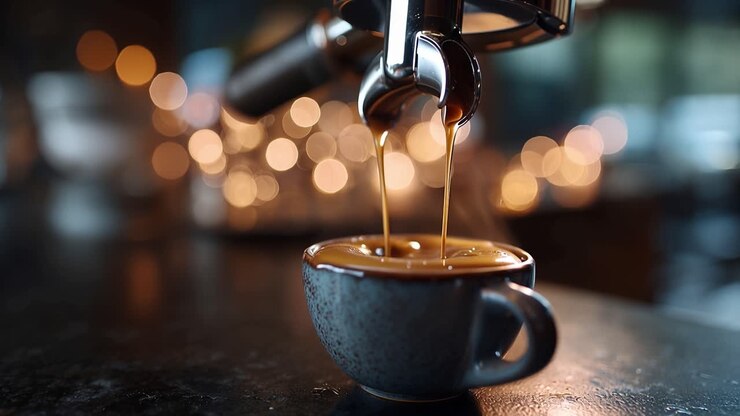 Satter Espresso fließt in eine dunkle Keramiktasse. Warme, gedämpfte Lichter leuchten sanft im Hintergrund. Die Kaffeemaschine gießt mit gleichmäßiger, einladender Präzision. Der Moment fängt die stille Zufriedenheit des Brühens ein