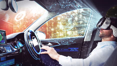 animation of network of connections over businessman wearing vr headset in self driving car