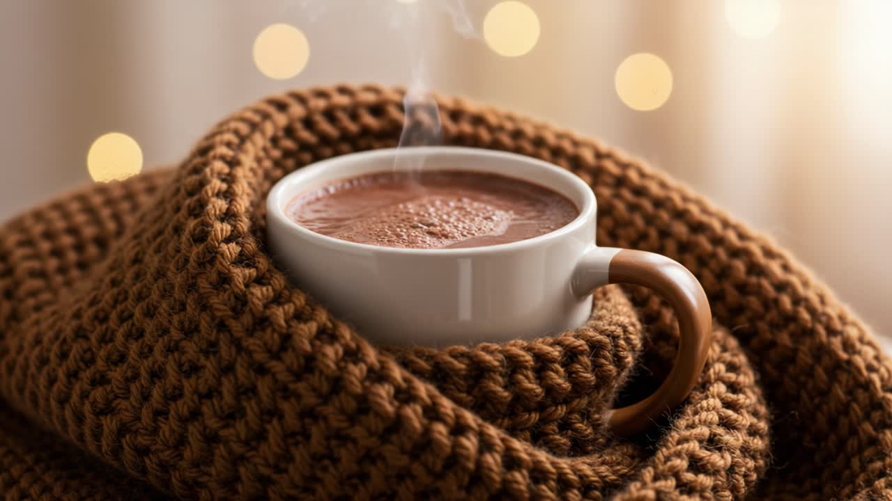 A Warm Cup of Comfort: Enjoying a Cozy Moment with Hot Chocolate Wrapped in a Soft Knit Throw, Creating a Soothing Atmosphere Perfect for Relaxation