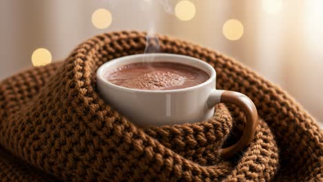 a warm cup of comfort: enjoying a cozy moment with hot chocolate wrapped in a soft knit throw, creating a soothing atmosphere perfect for relaxation