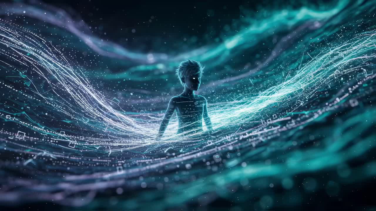 Exploring the ethereal realm of a young figure surrounded by glowing waves and vibrant light in a digital landscape at night