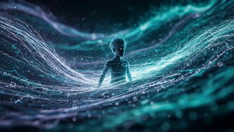 exploring the ethereal realm of a young figure surrounded by glowing waves and vibrant light in a digital landscape at night