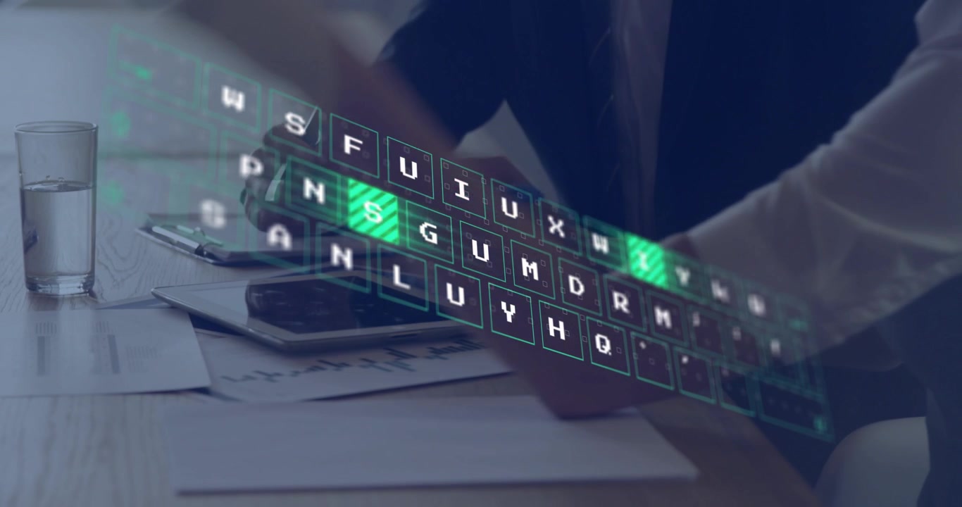 Female tapping tablet male pointing pen starting AR keyboard lighting keys for business review