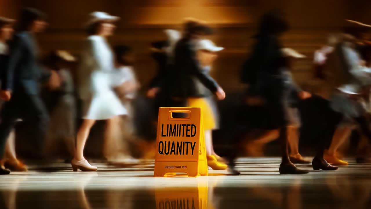 A bustling scene depicting crowds in motion around a prominently placed caution sign indicating 'Limited Quantity,' capturing the urgency and vibrancy of a busy environment