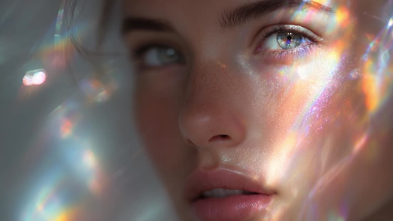 Avvincente primo piano di una persona con riflessi iridescenti sulla pelle
