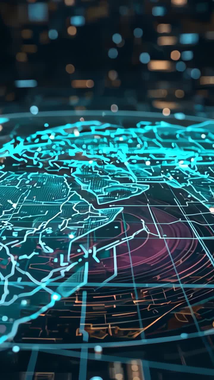 Vertical video: Rotating Earth hologram panning eastward on stand, with pulsing nodes and red rings