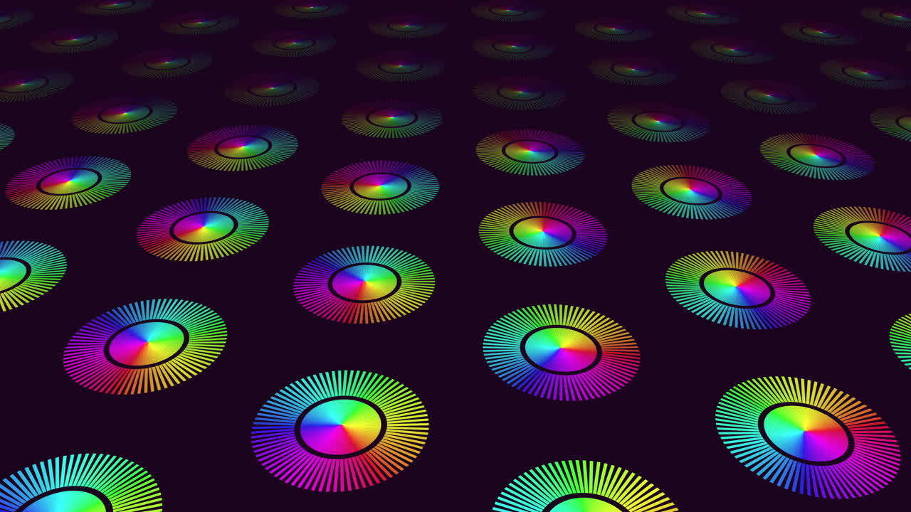 검은색 그라디엔트에 무지개 선을 가진 네온 미래주의 서클 패턴