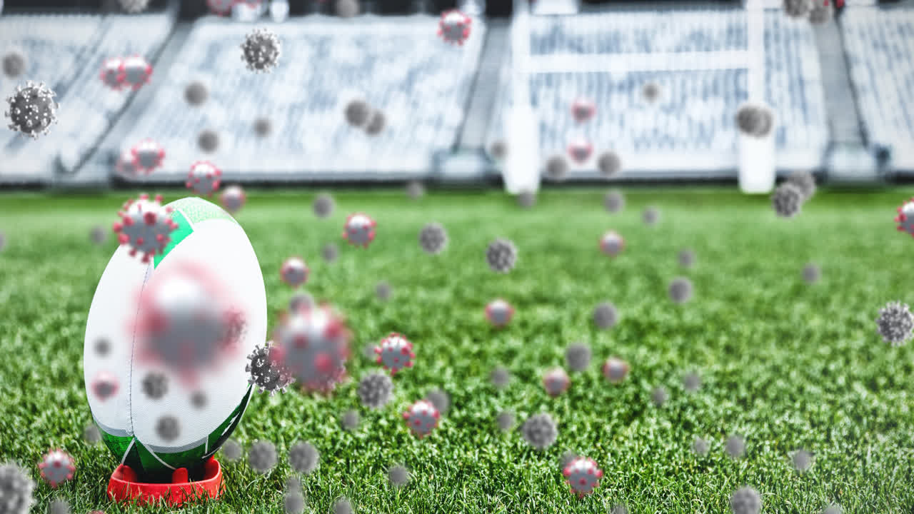 아메리칸 볼 공 위에 떨어지는 코로나19 세포의 애니메이션