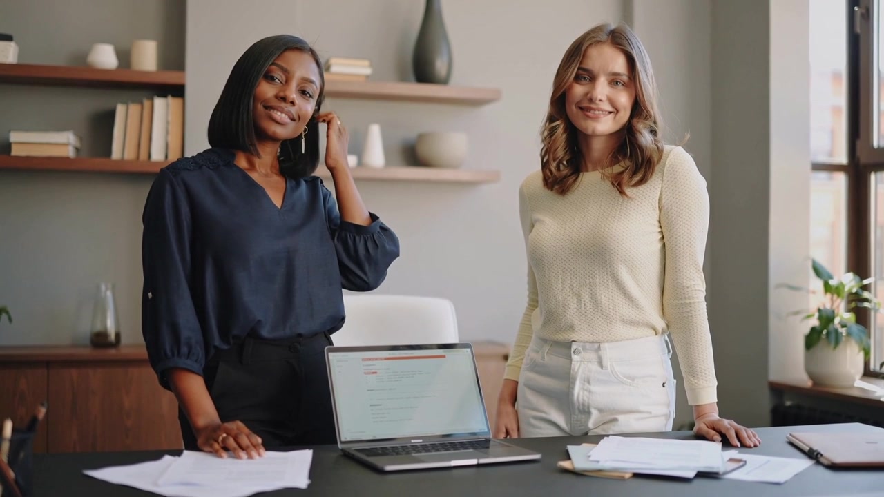 Presenting two women wearing navy and cream showing laptop to camera at desk, briefly taking call