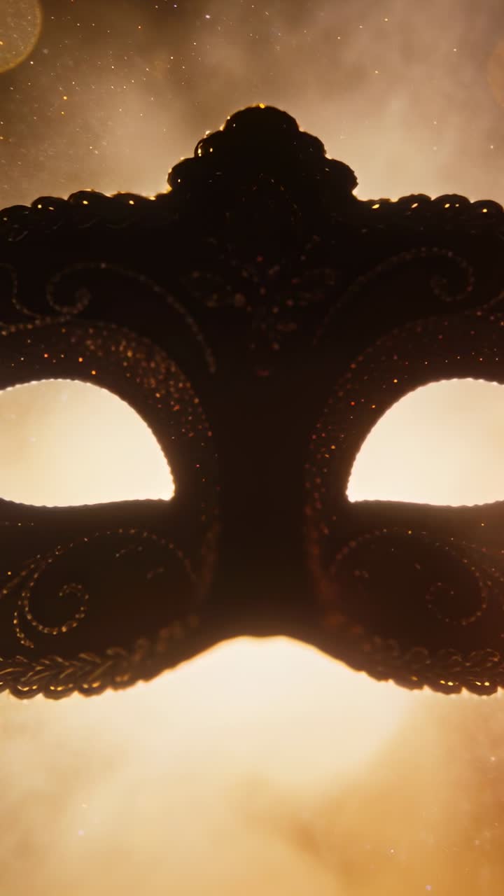 Video verticale: Retroilluminazione pulsante che rivela una maschera centrata in un set da studio, con la polvere che svela la filigrana.