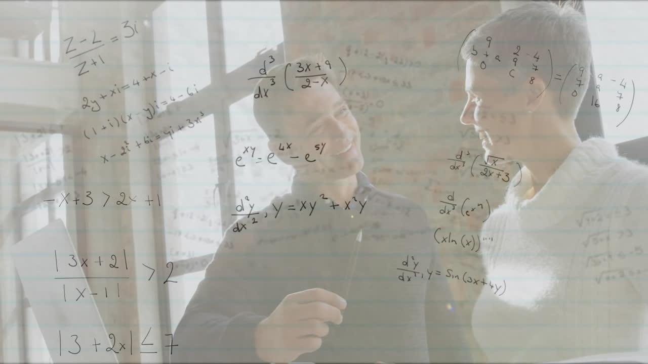 Coworkers collaborating in education, using stylus pen on laptop with equations floating over sheet