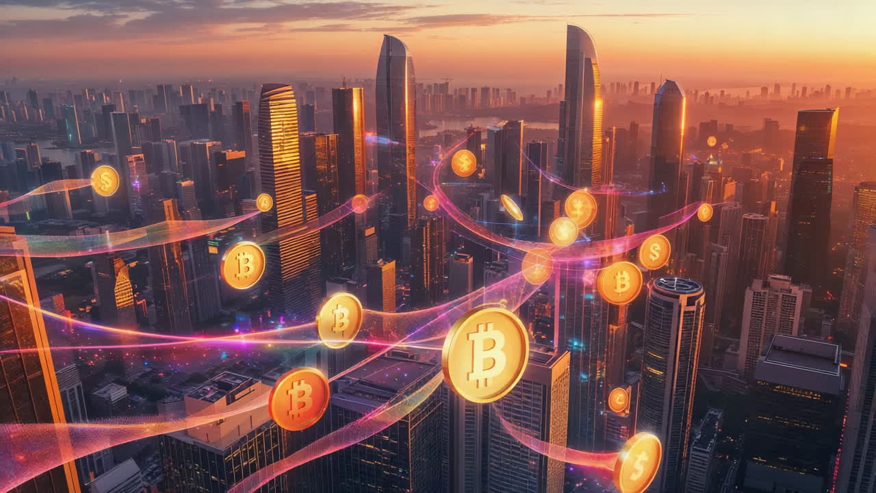 Valuta digitale che scorre attraverso un paesaggio urbano moderno al tramonto