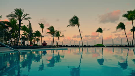 beach resort with outdoor swimming pool and high palm trees at sunset