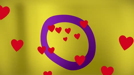 Animation-of-hearts-floating-over-violet-circle-and-yellow-background