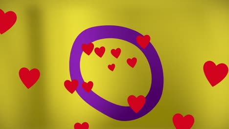 animation of hearts floating over violet circle and yellow background