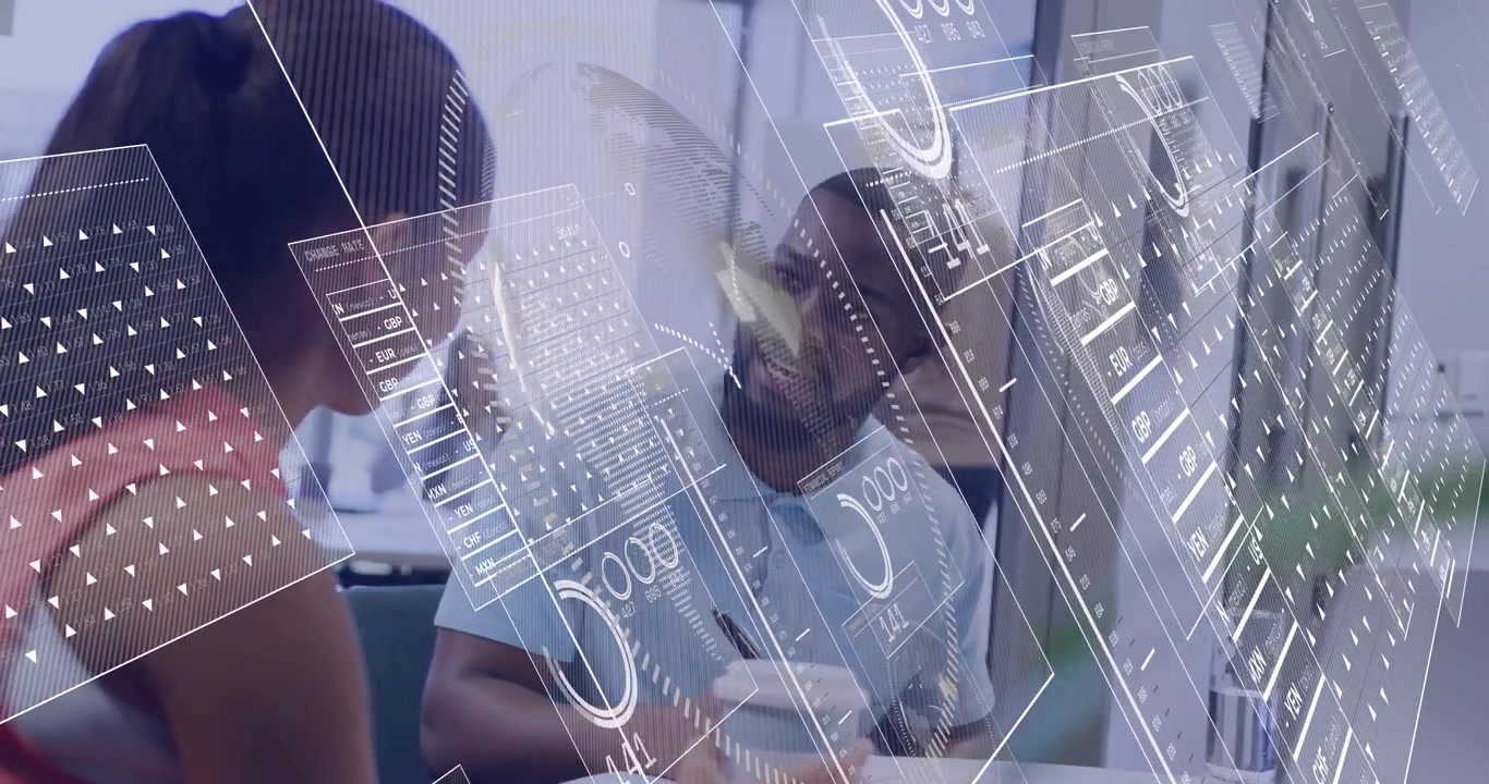 woman walking up to seated man and pointing data charts, causing finance HUD overlays in discussion
