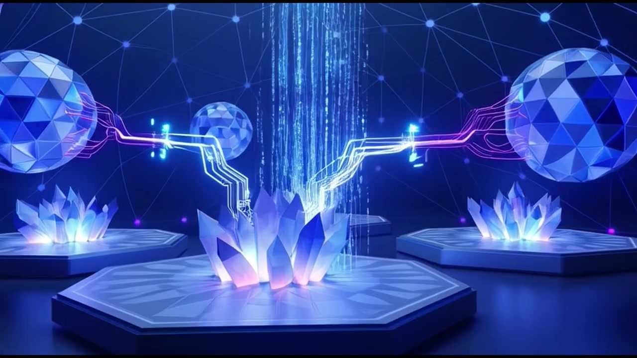 Abstract Digital Network with Glowing Crystals and Geometric Spheres