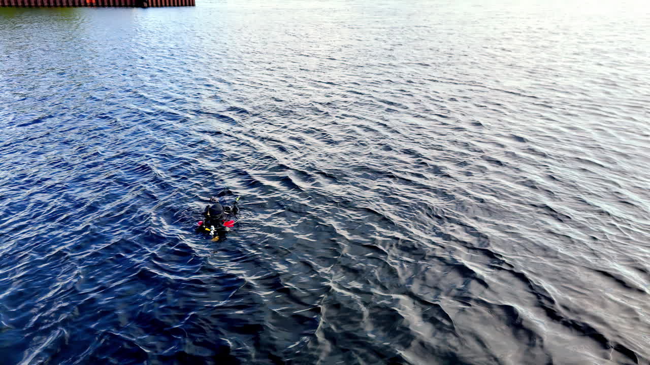 A diver drifts in calm open water near a distant shoreline structure. The wide view captures the sense of solitude, human scale against nature, and peaceful aquatic motion