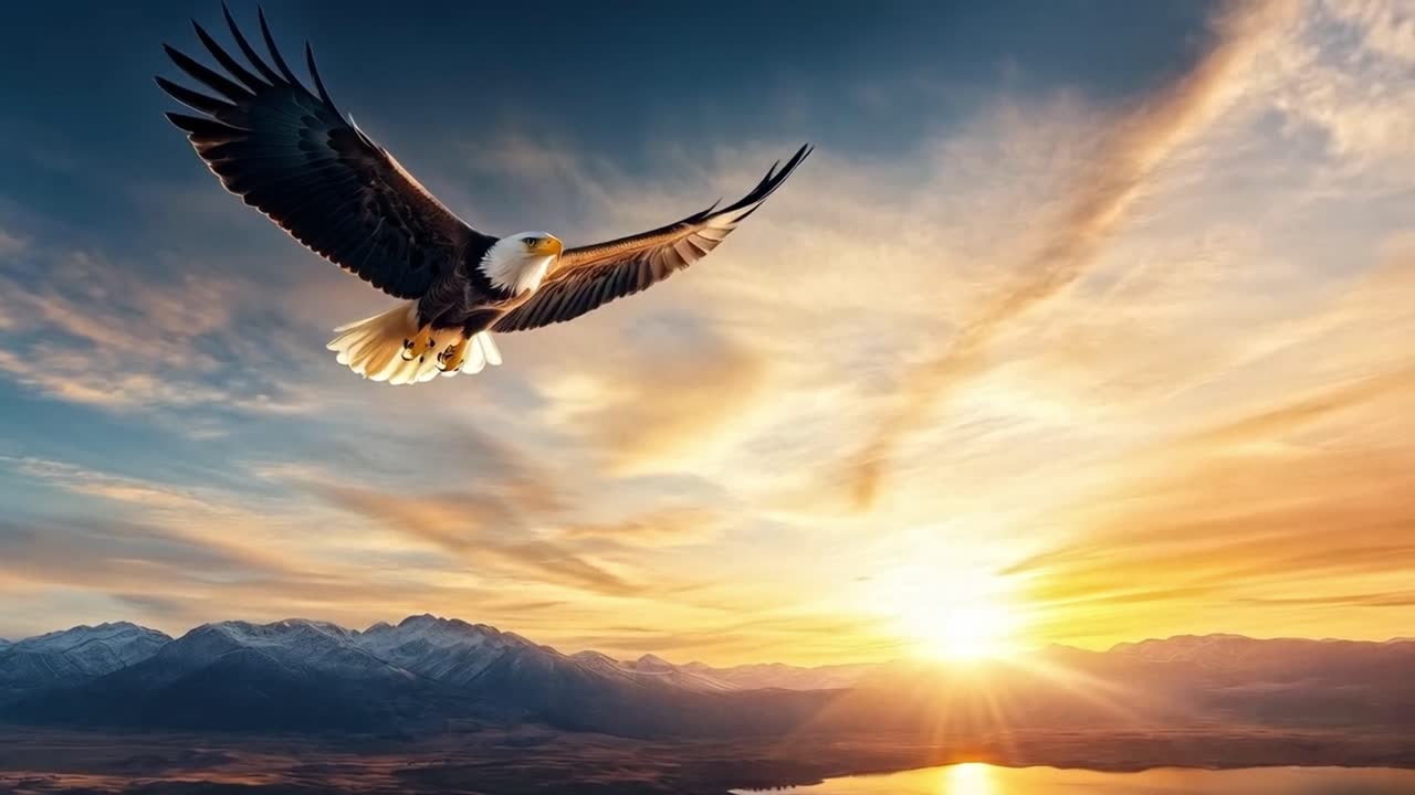 Bald Eagle Soaring Over Majestic Mountains at Sunset