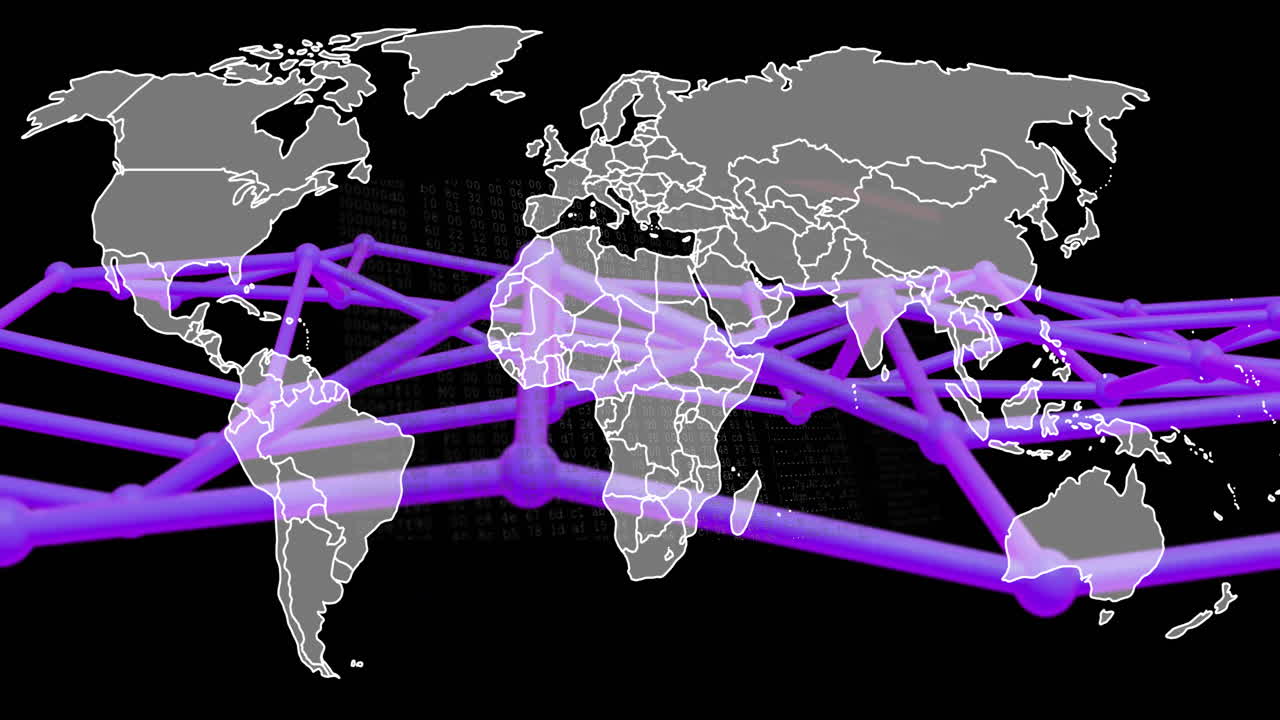 Global network connections animation over world map with purple lines