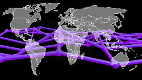 global network connections animation over world map with purple lines