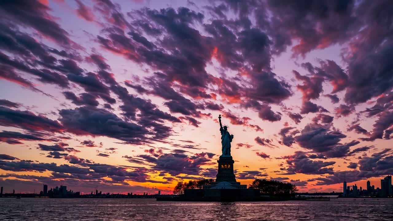 The video captures a stunning sunset behind the Statue of Liberty, blending vibrant colors