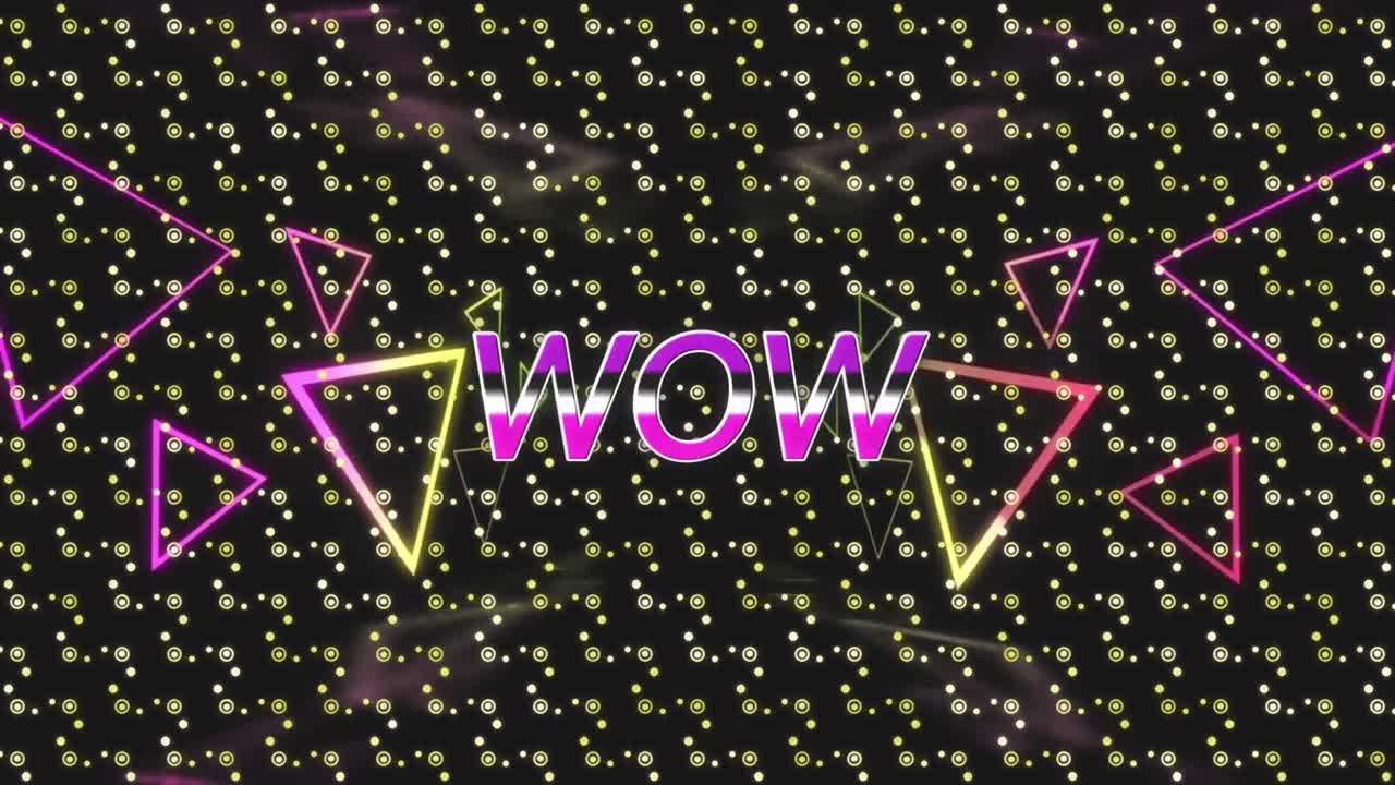 검은색 배경에 추상적인 모양에 대한 와우 텍스트 배너와 네온 삼각형 모양의 애니메이션
