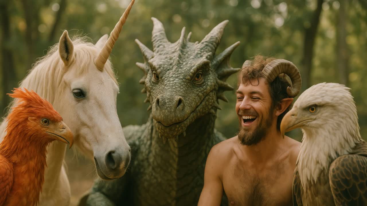 A joyful fantasy scene with mythical creatures and a man with horns, captured at eye level