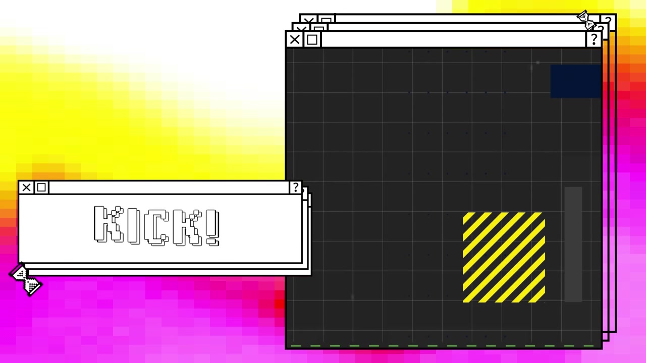 Animation of kick text, hourglass, lines in square in computer interfaces over abstract background
