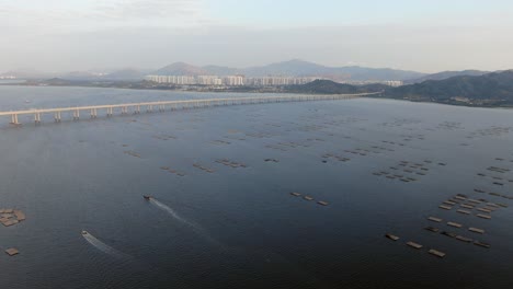 Hong-Kong-Shenzhen-Bay-Bridge-with-Tin-Shui-Wai-buildings-in-the-horizon-and-Fish-and-Oyster-cultivation-pools,-Aerial-view