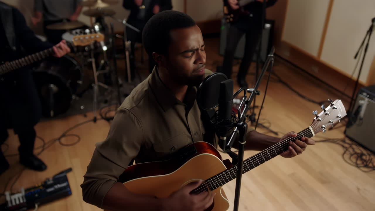 Man singing and playing acoustic guitar in a recording studio with a band