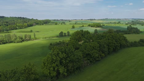 Flying-above-broadleaved-trees-and-meadows-in-central-Europe-on-a-sunny-day