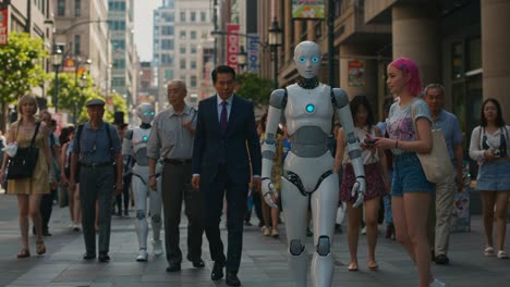 a futuristic urban scene featuring humanoid robots walking alongside people, blending technology with everyday life in a bustling city atmosphere