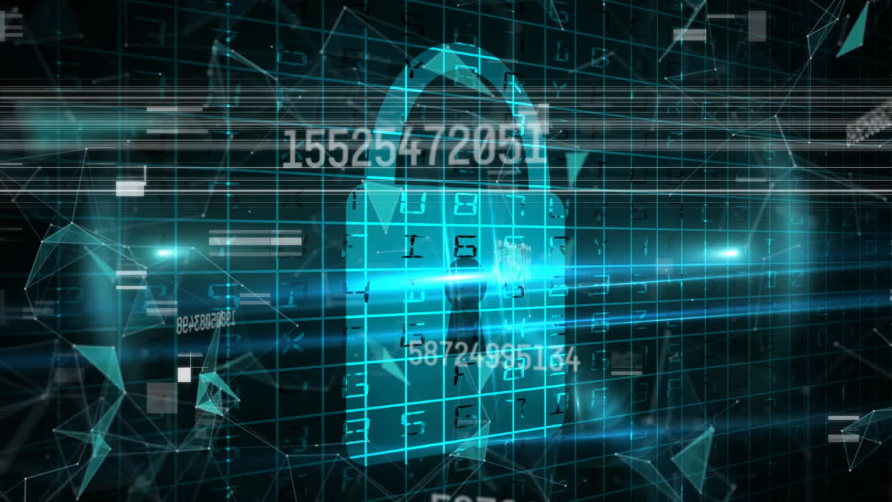 Animation of online security padlock with data processing in background