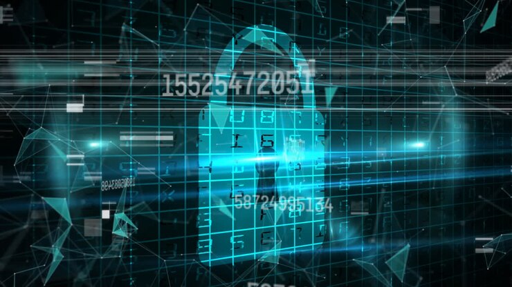 Animation af en online sikkerhedshængelås med databehandling i baggrunden